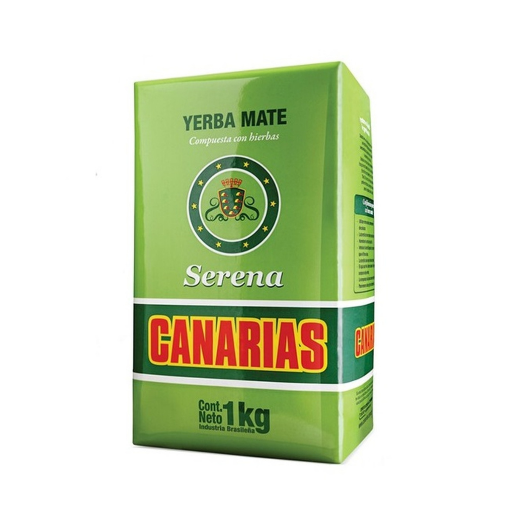 Yerba Mate Canarias Serena 1kg green bag showing herbal ingredients - Authentic Uruguayan Blend