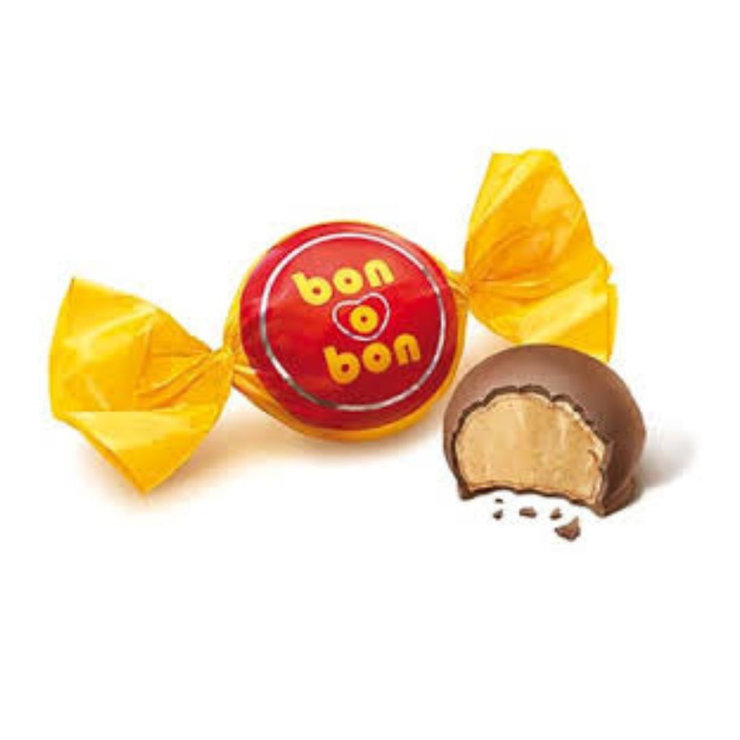 Close up of an open Bon o Bon showing the crisp wafer and smooth peanut cream centre