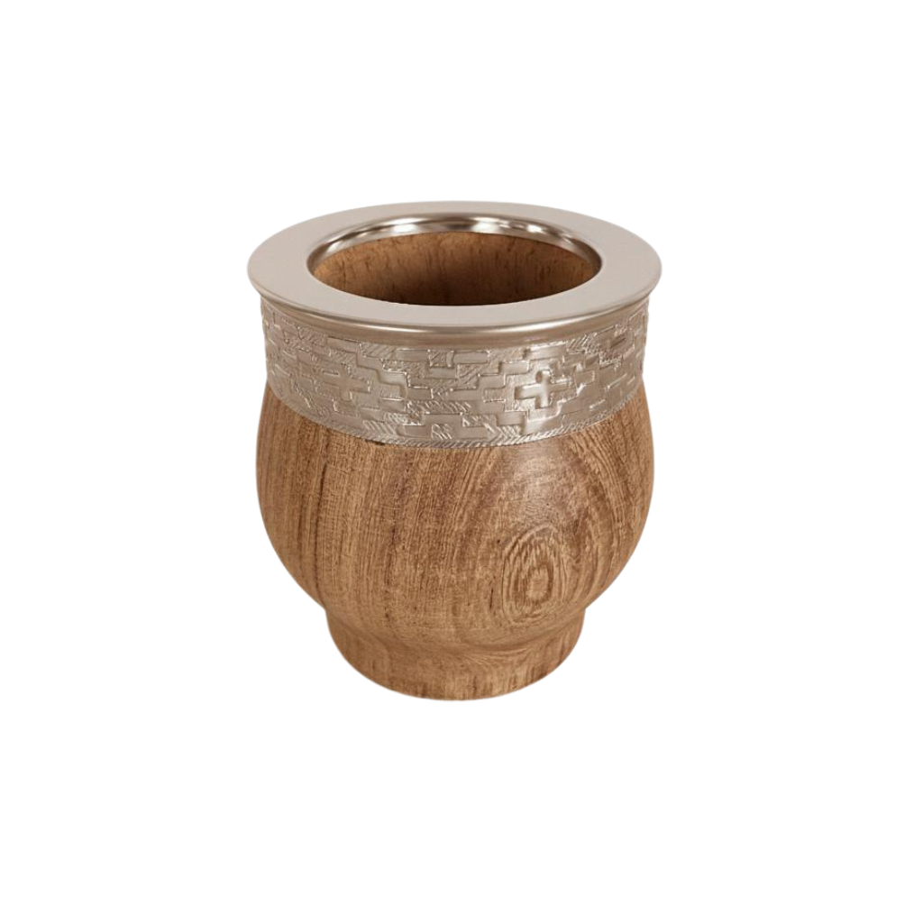 Imperial Algarrobo Tabaré Mate Gourd handcrafted from carob wood with chiseled alpaca rim - Front View