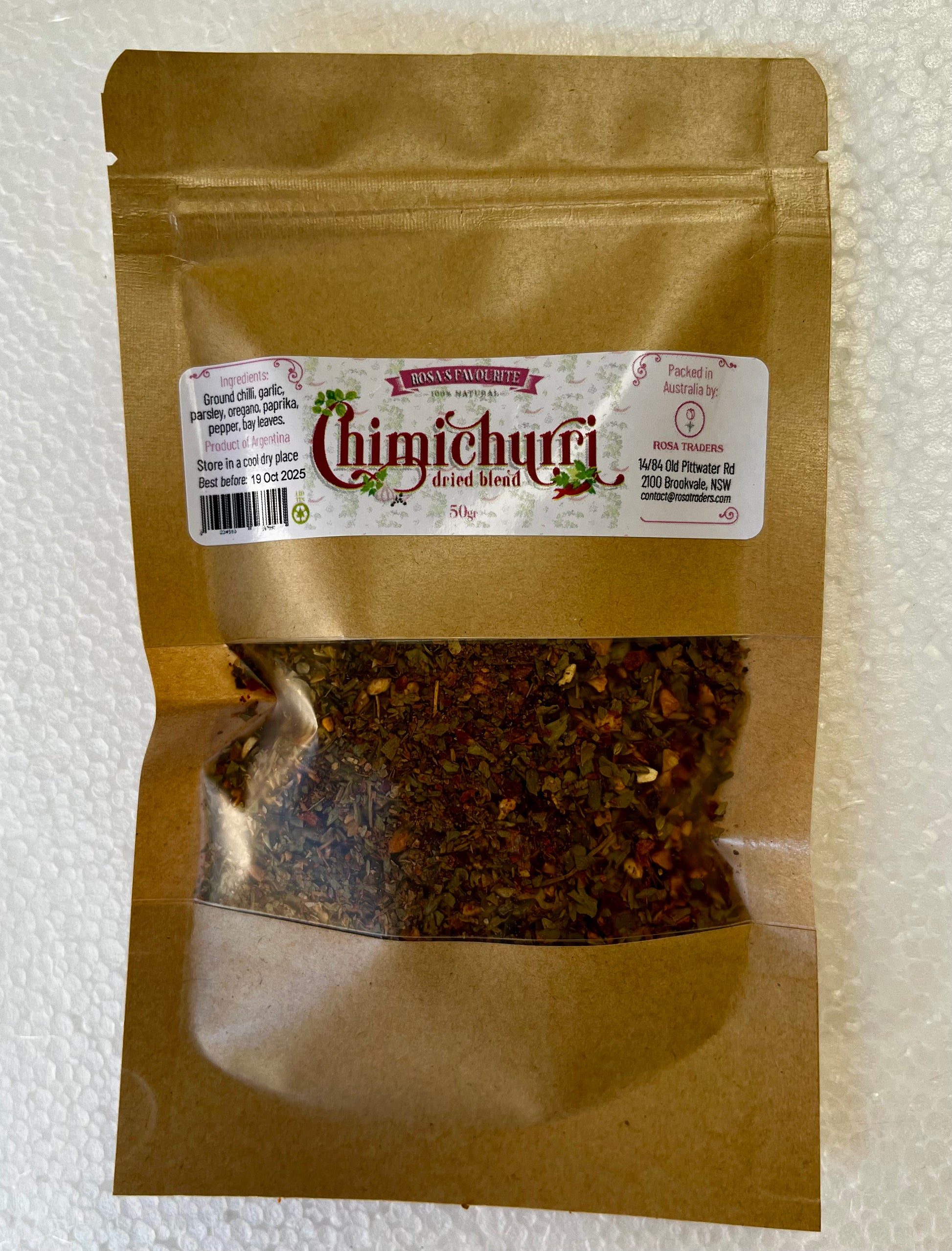 Rosa’s Chimichurri Dried Mix 50g pack - authentic Argentinian spice blend for BBQ steak in Australia