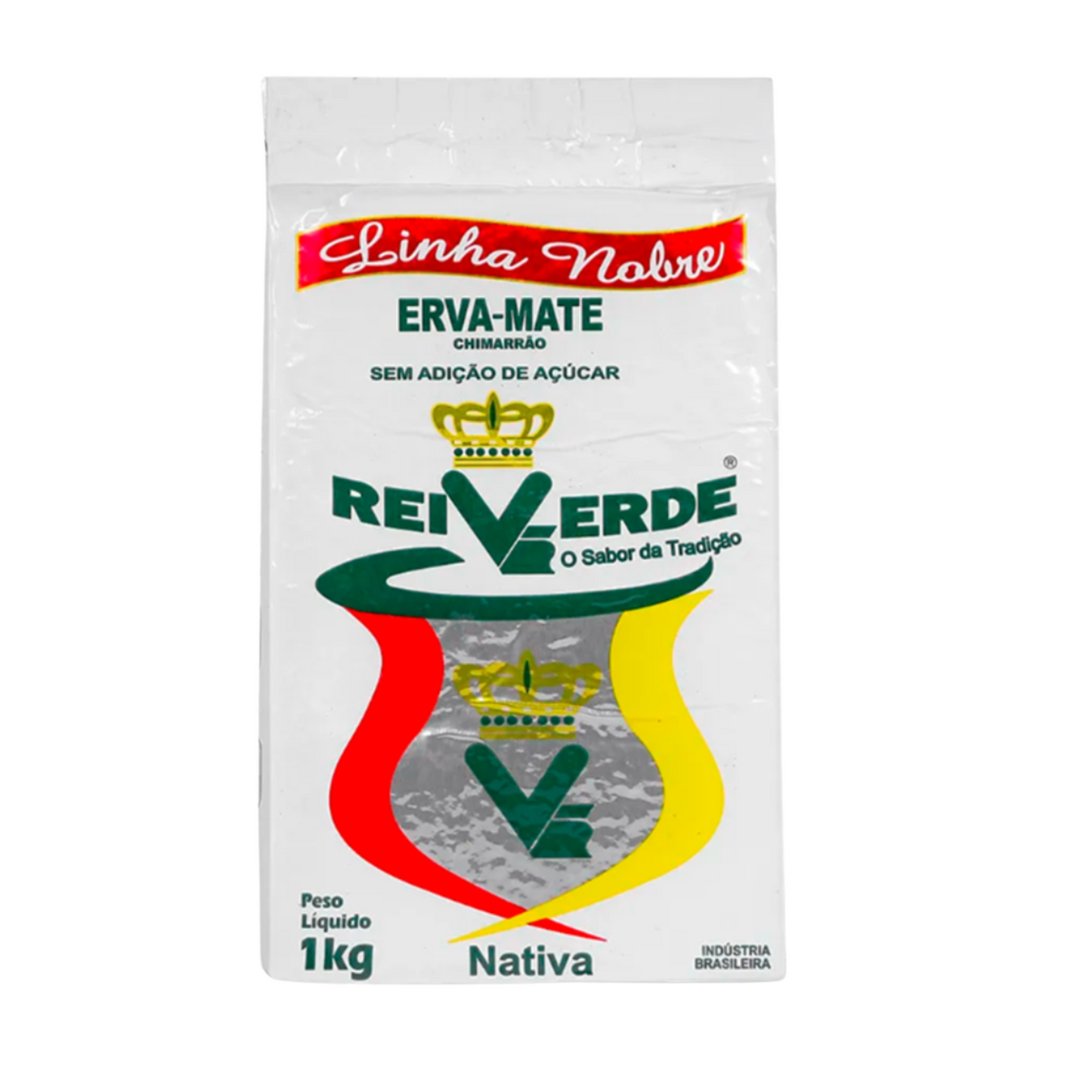 Rei Verde Chimarrão Erva Mate 1kg vacuum sealed pack showing vibrant green Brazilian mate leaves.